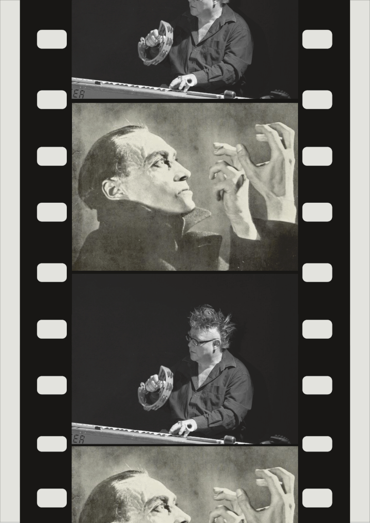 Ein stilisierter Filmstreifen, auf dessen Einzelbildern abwechselnd ein Bild aus dem Film, in dem der Filmheld auf seine H¬aulml;nde starrt und ein Musiker mit Rhythmusschellen in der Hand an einem E-Piano sitzend zu sehen sind. 